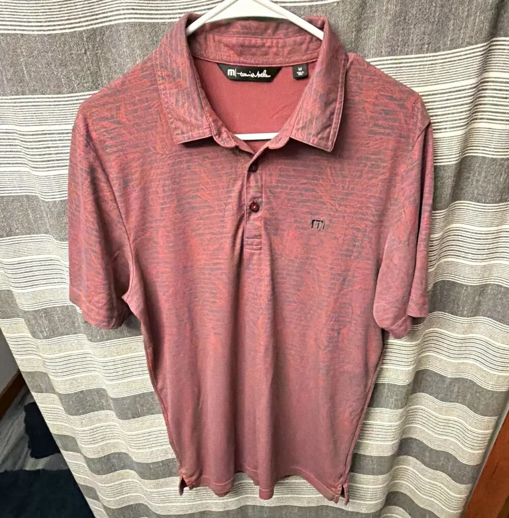 TravisMathew Men's Short Sleeve Polo Shirt Red Gray Abstract Logo M Reg